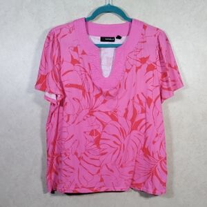 2/$10 05197 Rafaella pink & red palm print U-neck cotton knit tee L